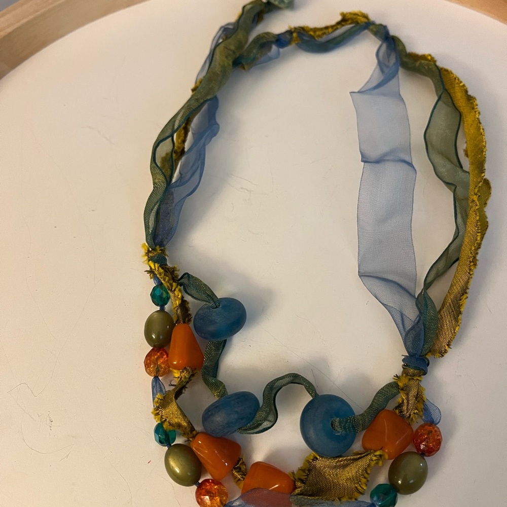 Bohemian Blue and Orange Fabric Necklace